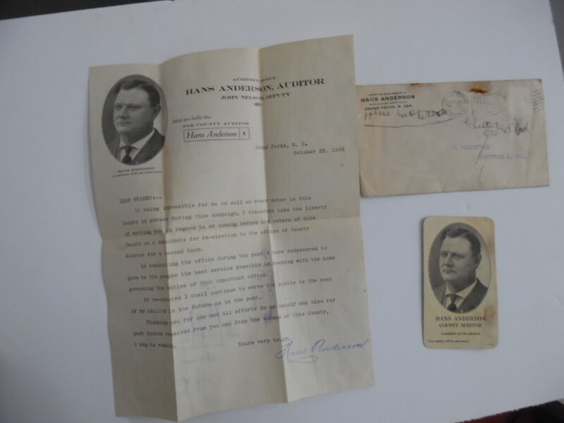 1908 Hans Anderson Auditor North Dakota Progressive Republican Campaign Card Lot