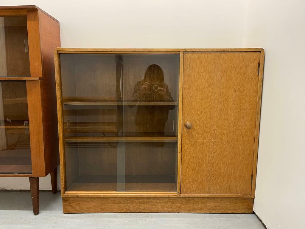 1960s Mid Century Solid Wood Shelving Unit with Sliding Glass Doors
