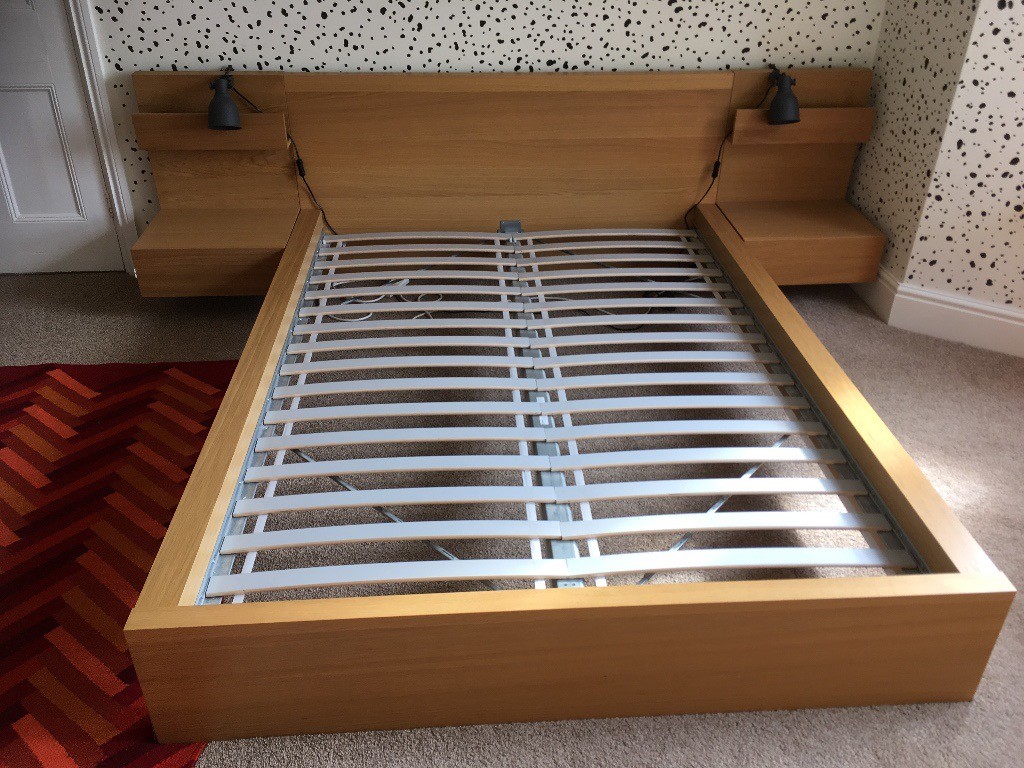 IKEA Malm Double Bed frame with connected bedside tables, oak wood