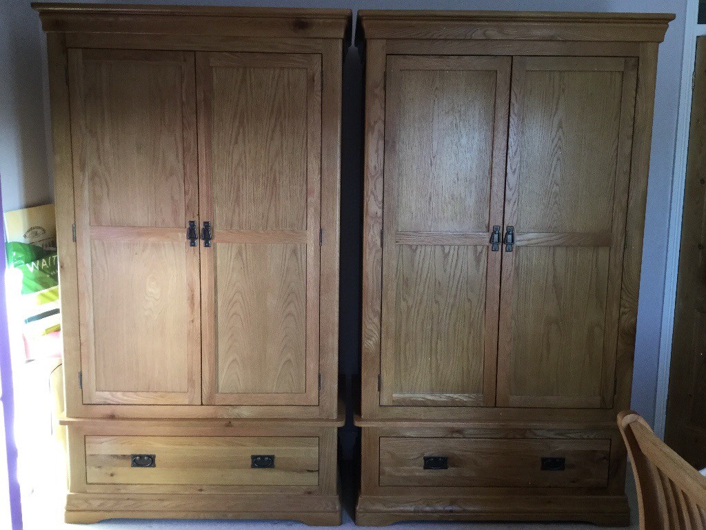 Pair of Solid Oak Double Wardrobes with 2 over 3 Chest of Drawers and