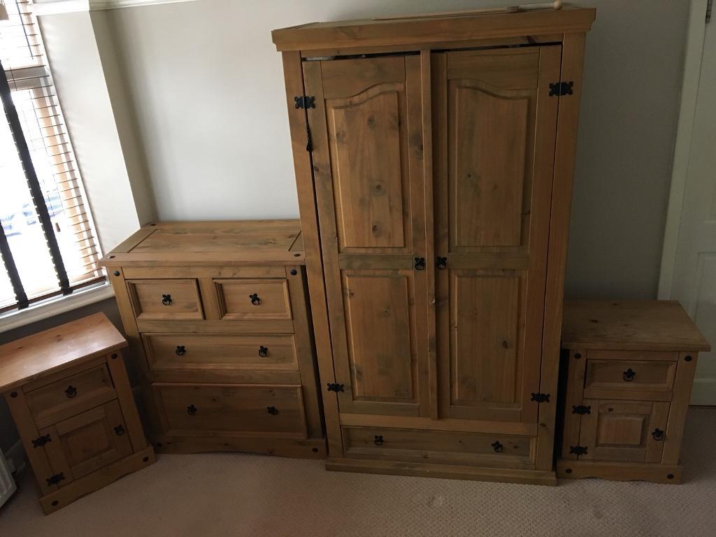 Mexican Pine Wardrobe Drawers And 2 Bedside Cabinets In