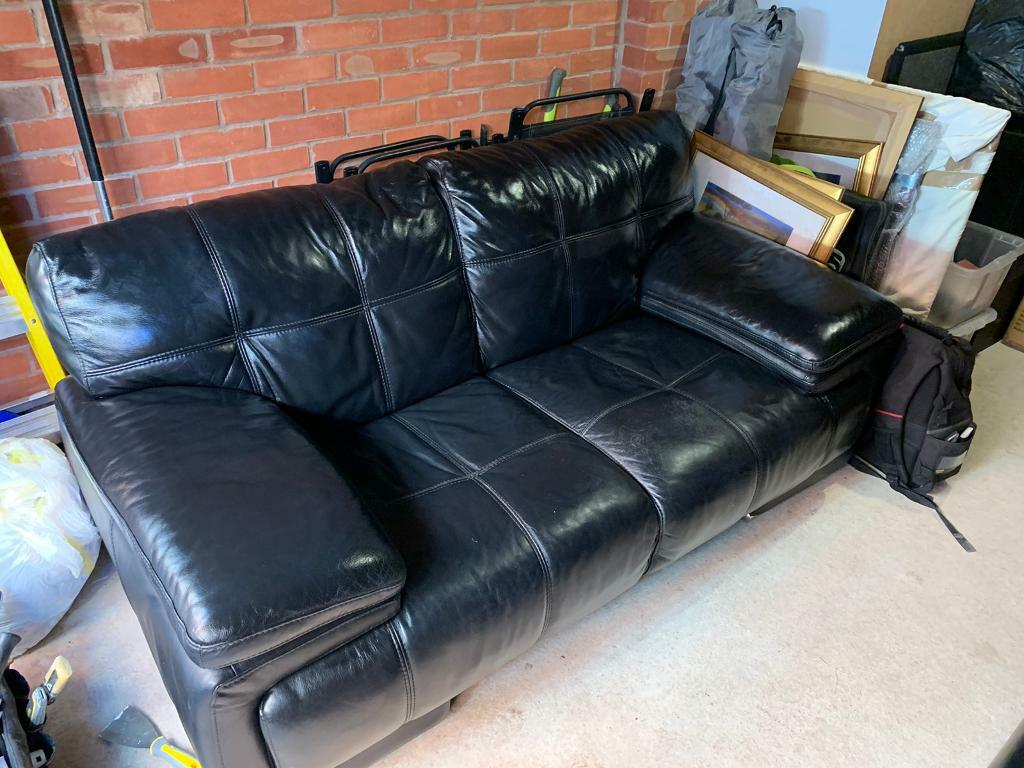 Sofology Violino Black Leather 2 seater sofa and chair for sale, Stoke