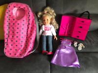 Designer Friends doll with carry case, spare clothes and wardrobe