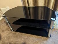 TV and entertainment corner unit stand, 3 tier black glass with chrome legs 