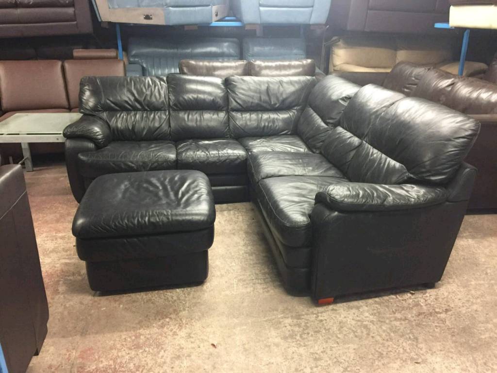 Black Leather Corner Sofa With Footstool In Rochdale Manchester intended for Corner Sofa Manchester Gumtree