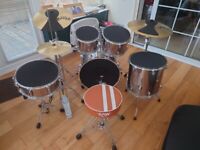 Pearl Export exx smokey chrome drum kit with Paiste cymbols & RAW Drum throne