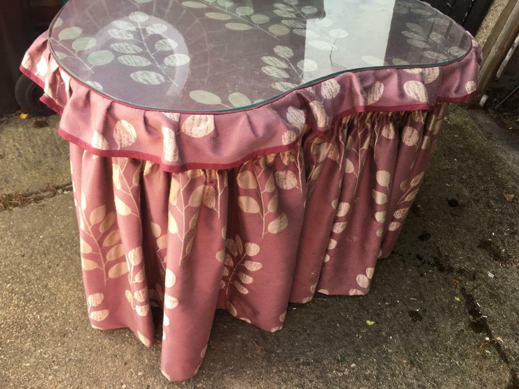 Glass top for kidney shaped dressing table & curtains, furniture in