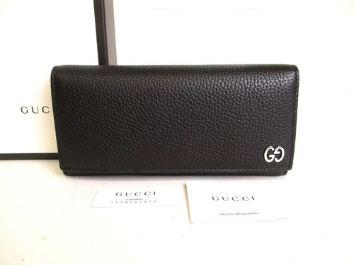 Authentic GUCCI GG Metal Black Leather Bifold Long Flap
