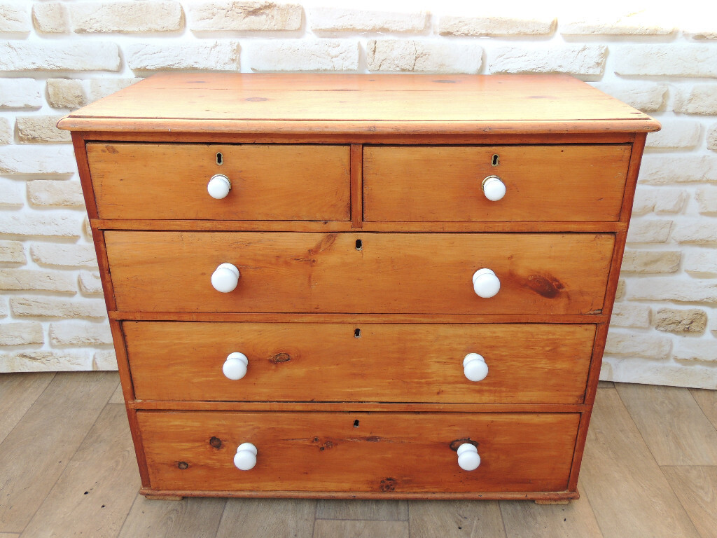 Natural Wood Chest Of Drawers Antique Victorian With White Handles