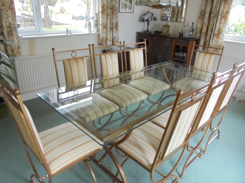 Glass topped Brass Dining Table with 8 Brass Chairs in Gloucester