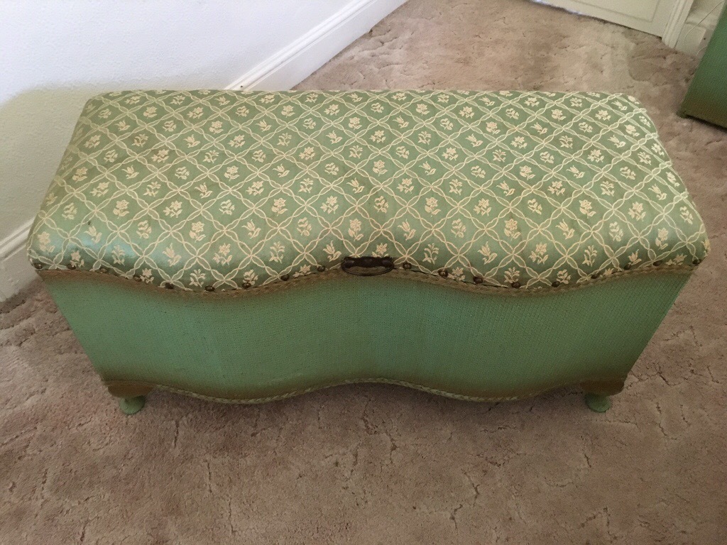 Vintage Lloyd Loom Style Ottoman Original Green Gold Blanket Storage