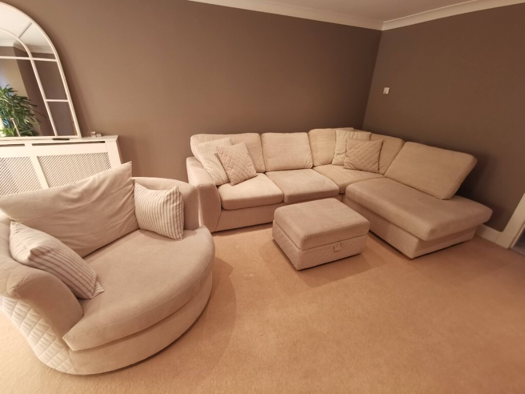 Cream Corner Sofa with Storage Footstool and Swivel Arm Chair (DFS Orka