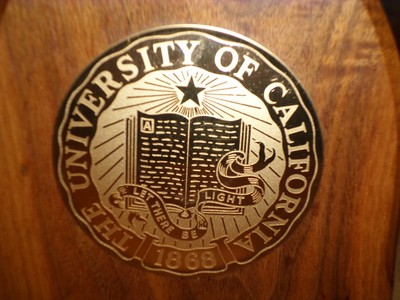 UNIVERSITY OF CALIFORNIA - METAL LOGO'S, WOODEN BOOKENDS, VINTAGE # 1960's yrs.