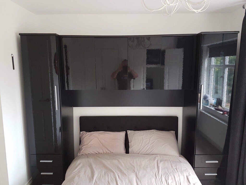 Black High Gloss Over Bed Unit Wardrobe Drawers And Storage In