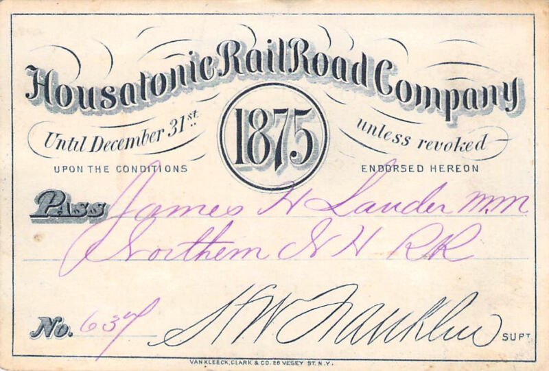 1875 HOUSATONIC LOW # 637  RAILROAD RAILWAY RWY RY RR PASS
