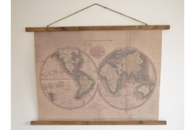 GREAT LINEN CANVAS WORLD MAP - H: 92cm W: 106cm D: 2cm - AGED APPEARANCE