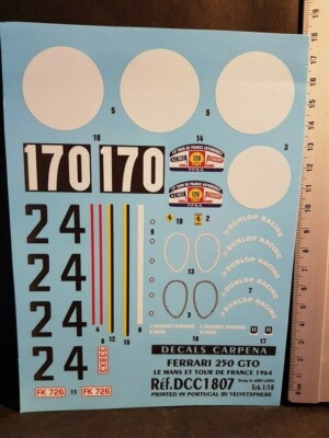 DECALS 1/18 FERRARI 250 GTO 24 LE MANS 170 TOUR AUTO 1964 CARPENA 1807 UV