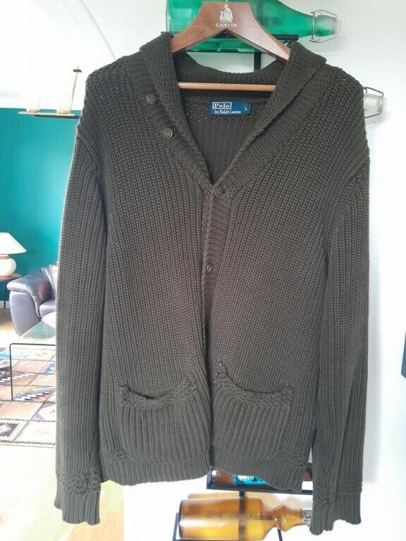 Knit Shawl Collar Cardigan Men By Ralph Lauren L Green Military Very Good Cond