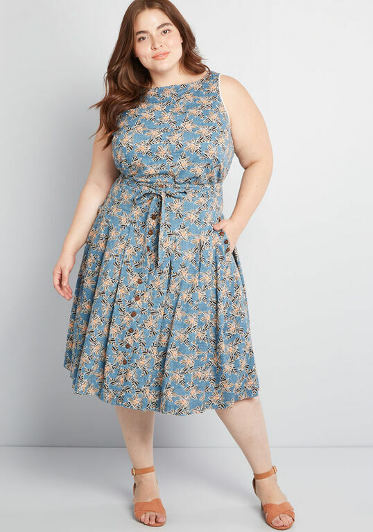 

НОВЫЙ MODCLOTH Синяя хлопковая юбка трапециевидной формы с цветочным принтом «Жизнь» 28, Multicolor, BRING TO LIFE