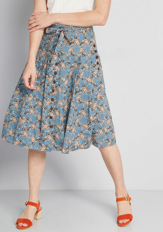 Плиссированная хлопковая юбка А-силуэта MODCLOTH синего цвета с цветочным принтом 28 28W 4X