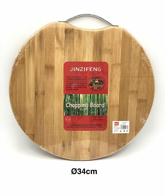 Tagliere Legno Naturale Con Manico Acciaio Tavola Affettare Tondo 34cm hmj
