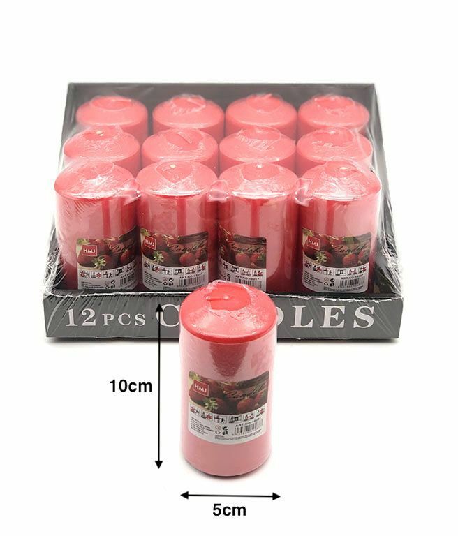 Set 12 Pezzi Candele Cera Profumate Fragranza Fragola Rosse 5x10cm hmj