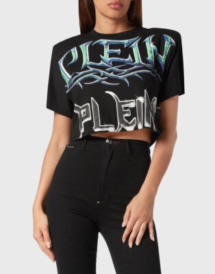 Philipp Plein Padded Shoulder Cropped Top Lettering Black T-Shirt Women's XS