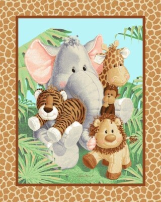 36'' X 44'' Panel Jungle Babies Nursery Safari Animals Cotton Fabric Panel D779.09
