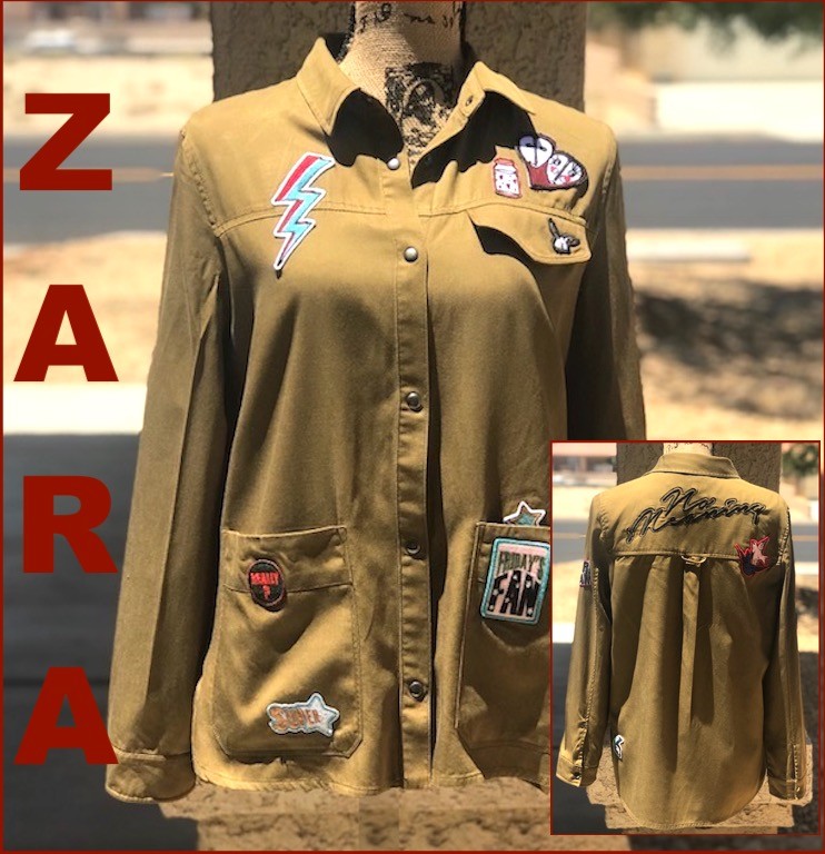 ZARA TRF OUTER-WEAR ARMY GREEN TOP or JACKET wPATCHES & EMBROIDERY Sz S BNWT