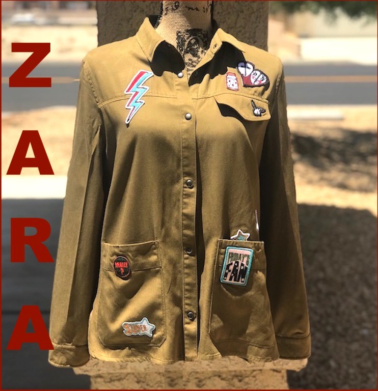 ZARA TRF OUTER-WEAR ARMY GREEN TOP or JACKET wPATCHES & EMBROIDERY Sz S BNWT