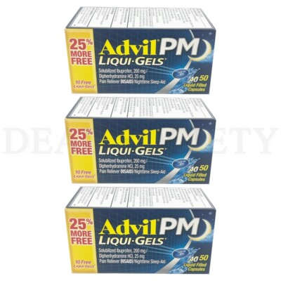 Advil PM Liqui-Gels Pain Reliever/Nighttime Sleep Aid 50 Count Each Lot of 3