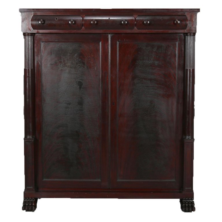 Antique American Empire Carved Mahogany Gentleman's Wardrobe, circa 1910