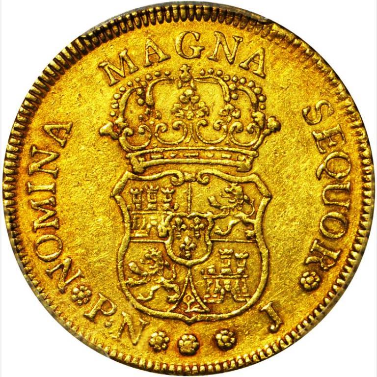 G025 Very rare COLOMBIA. 1759-J 4 Escudos gold. Popayan mint.  PCGS AU50