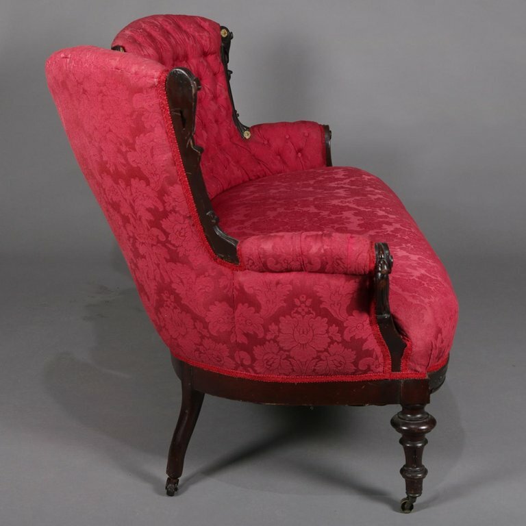 Antique Renaissance Revival Jelliffe School Carved & Inlaid Walnut Sofa