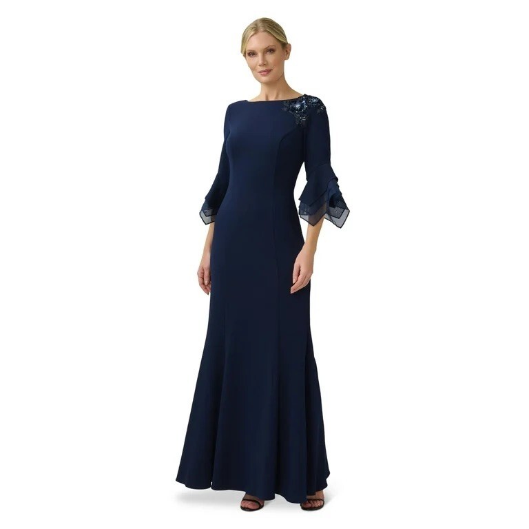 ADRIANNA PAPELL Navy Embellished Beaded Bell Sleeve Knit Crepe Gown Dress 4 = S
