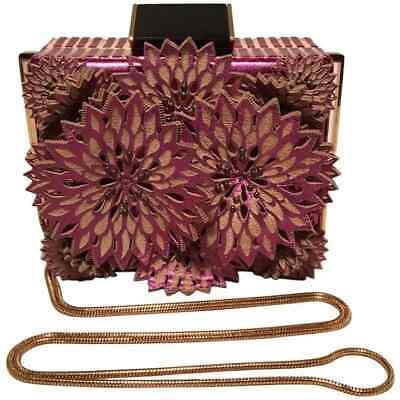 Tonya Hawkes Purple Floral Leather Cut Out Box Evening Handbag