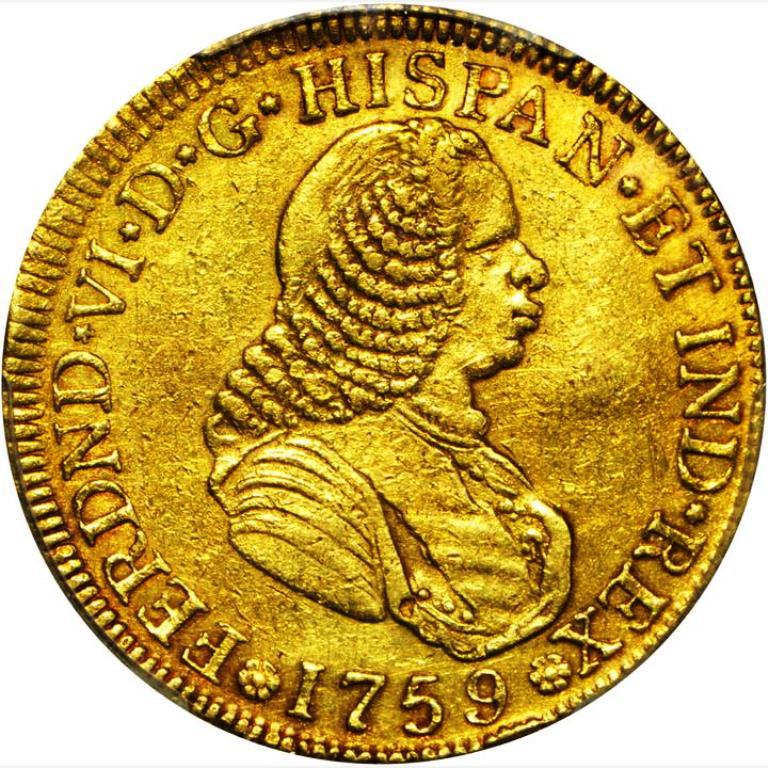 G025 Very rare COLOMBIA. 1759-J 4 Escudos gold. Popayan mint.  PCGS AU50