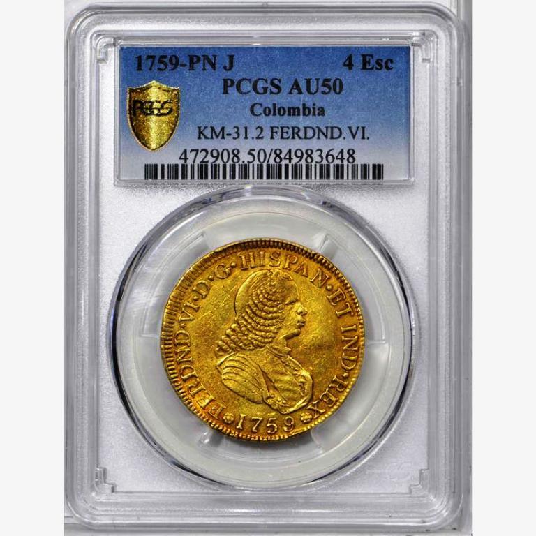 G025 Very rare COLOMBIA. 1759-J 4 Escudos gold. Popayan mint.  PCGS AU50