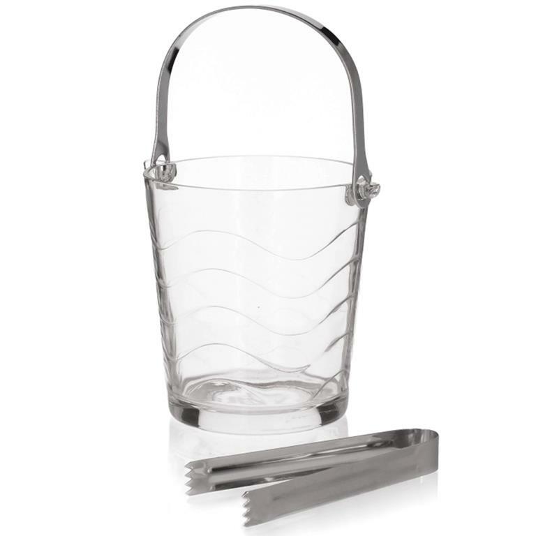 Secchiello Porta Ghiaccio In Vetro A Onde Con Pinza Manico Pieghevole dfh