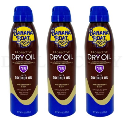 Banana Boat Dry Oil Clear Sunscreen Spray with Coconut Oil SPF 15 6oz Lot of 3