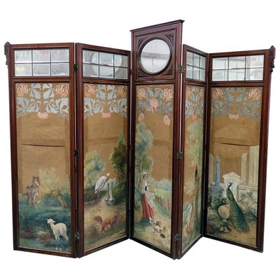 Best Carved Victorian Painted Animal Scene 4 Panel Beveled Glass Screen Divider 