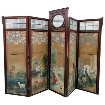 Best Carved Victorian Painted Animal Scene 4 Panel Beveled Glass Screen Divider 