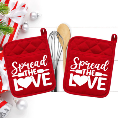 Spread The Love (2) Pocket Pot Holder Kitchen Bake Oven Mitt Bake Cook 19reddbl2