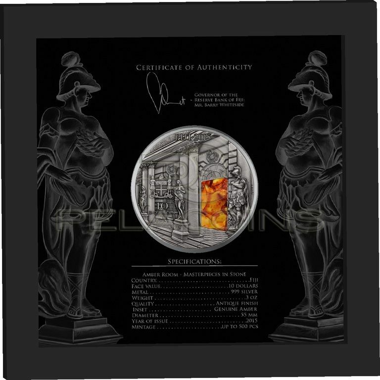 Fiji 2015 10$ Masterpieces in Stone III - Amber Room 3 oz Silver Coin Tsarskoye