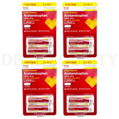 CVS Extra Strength Acetaminophen 500mg 2 Vials 10 Caplets Each Lot of 4 Packs