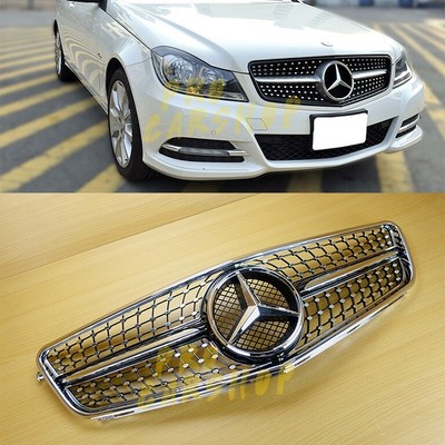 For Benz 08-13 C W204 C45 Style Diamond Shiny Black Front Grille Chrome Frame