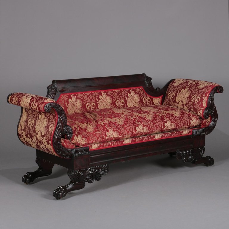 Antique Pair First Period American Empire Carved Flame Mahogany Sofas, NY
