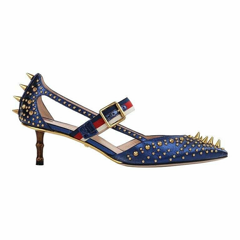 靴 Gucci heels GUCCI Resort 2017 “Unia” Metallic Blue Leather Gold Spike Stud