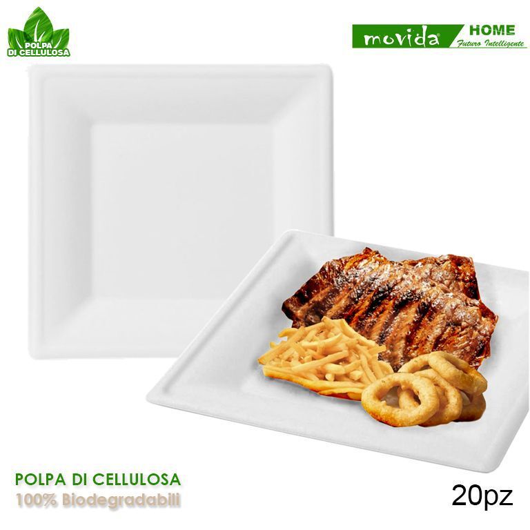 Set Servizio 20 Piatti Quadrato Biodegradabili Polpa Di Cellulosa 21x21cm dfh
