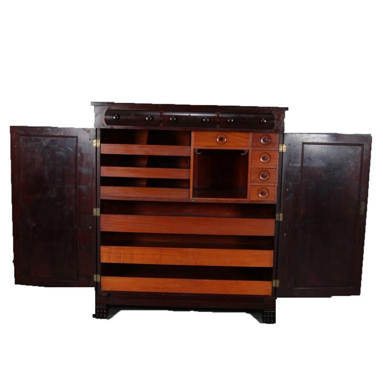 Antique American Empire Carved Mahogany Gentleman's Wardrobe, circa 1910